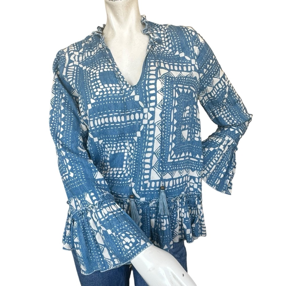 Plenty by Tracy Reese Blue & White Ruffled Bell Sleeve Peasant Top Size Small